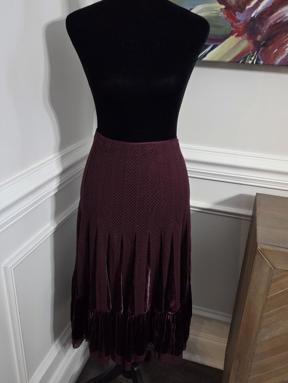 VTG 2007 Free People Silk Blend Velvet Doily Lace Midi Skirt Blackberry Plum 4